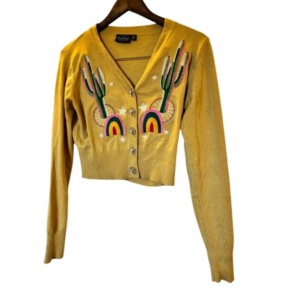 Voodoo Vixen Mustard Yellow Cactus Rainbow Embroidered Cropped Cardigan XXL
